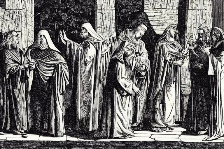 Prompt: bishop wulfila explains the gospels to the goths, wood engraving, highly detailed portraits, published nineteenth century, artstation