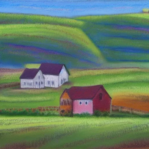 Prompt: amish houses among hills and fields, pastel style painting