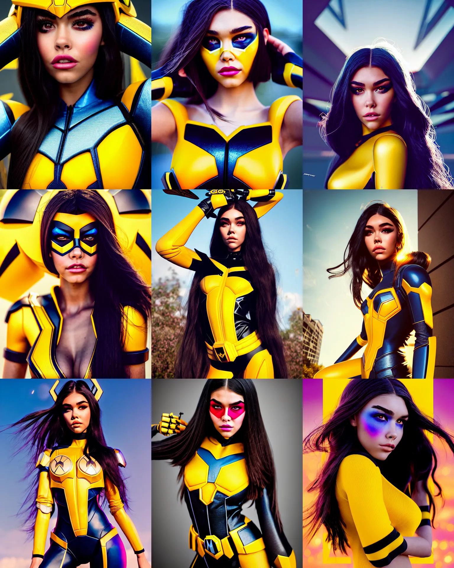 Prompt: magazine cover portrait photo of madison beer : : college woman : : as marvel hero bumblebee woman by weta : : by greg rutkowski, wlop, rossdraws, artgerm, pixar, marvel, colorful rave makeup, leeloo, unreal engine, glossy skin, boutinela pearlescent, shiny, 4 k, hdr, bright morning, : :