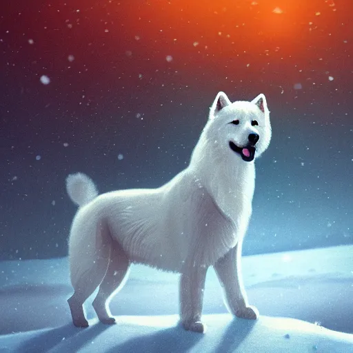 Image similar to A close up portrait of a samoyed dog in the snow, an epic fantasy, dramatic lighting, cinematic, establishing shot, extremely high detail, photorealistic, cinematic lighting, artstation, by simon stalenhag