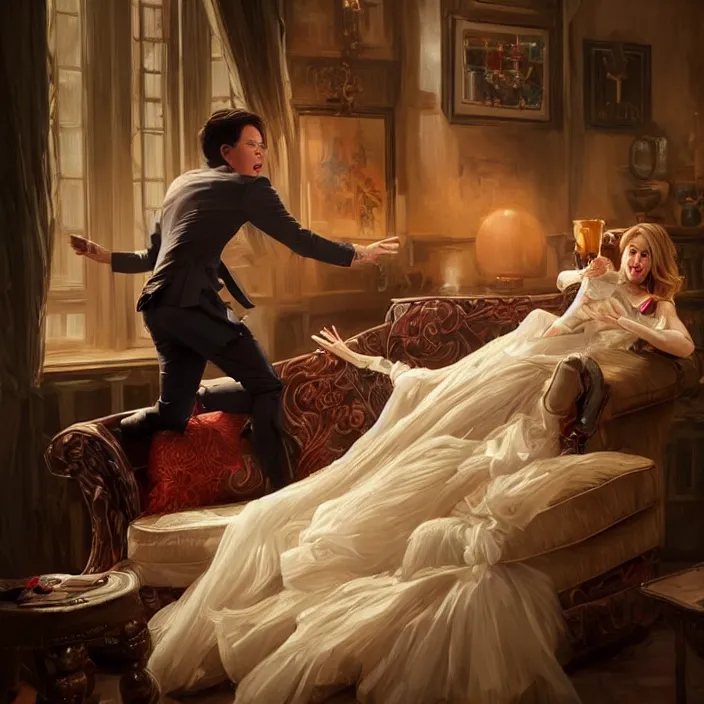 Image similar to portrait of michael mcintyre leaving on a sofa with a singing waitress, elegant, real life skin, intricate artwork, high detailed, artstation, concept art, smooth, sharpz focus, art by artgerm and greg rutkowski