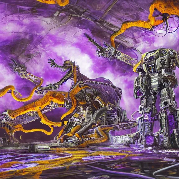 Image similar to detailed shot of inside a cavernous living stomach of a giant robot ((dragon)), the walls purple and pulsing, lots of acid pooling up on the floor, digesting humans that ended up inside, food pov, micro pov, vore, digital art, furry art, high quality, 8k 3D realistic, macro art, micro art, Furaffinity, Deviantart, Eka's Portal, G6