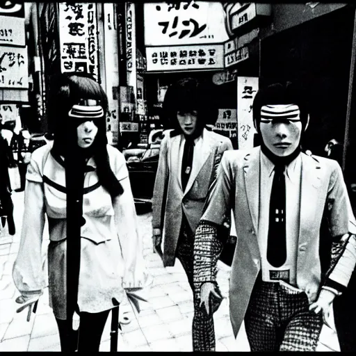 Image similar to 1 9 7 0 s japanese tv show, bw, cyborg monsters walking the streets of shinjuku,