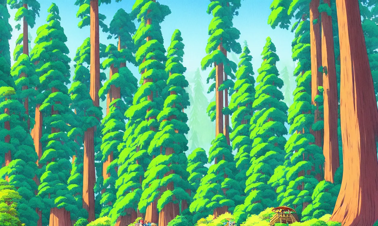 Prompt: Sequoia park in a colorful moutain with beautiful trees , no people, morning, by studio ghibli painting, superior quality, masterpiece, traditional Japanese colors, concept art