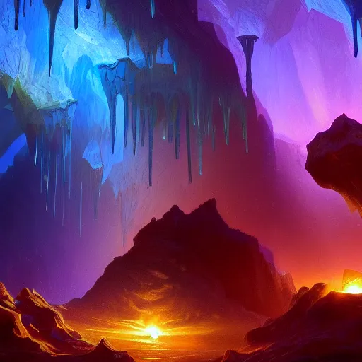 Prompt: glowing crystal cavern painting in the style of Albert Bierstadt, HD wallpaper, concept art, trending on art station