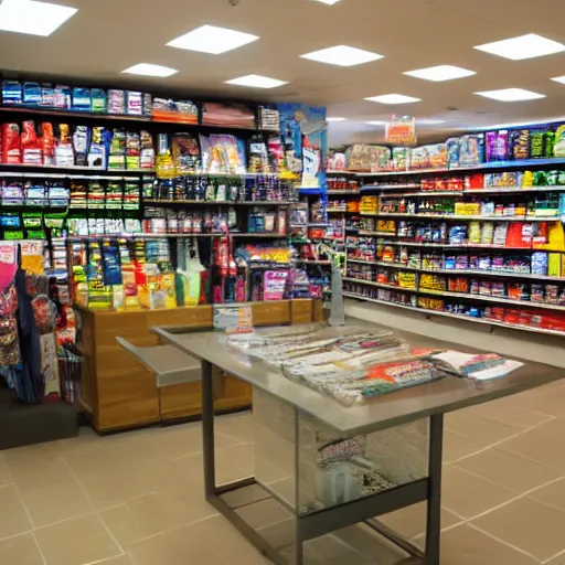 Prompt: interior of retail store, convenience store, color photo