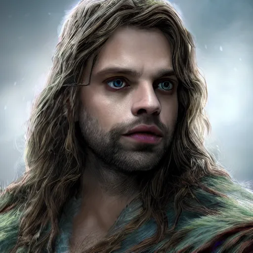 Image similar to a digital art close up portrait of pale sebastian stan as ancient druid mage from warhammer, old nature mage with long beard character sheet, 4 k, ultra detail, volumetric lighting, unreal engine, octane render