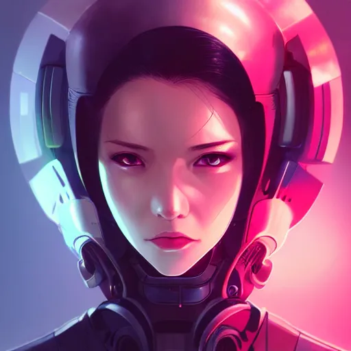 Prompt: headshot of cybernetic female character, cybernetic implants, solid background color, digital art, illustration, smooth color, cinematic moody lighting, cyberpunk, body modification, wenjun lin, studio ghibli, pixiv, artgerm, greg rutkowski, ilya kuvshinov