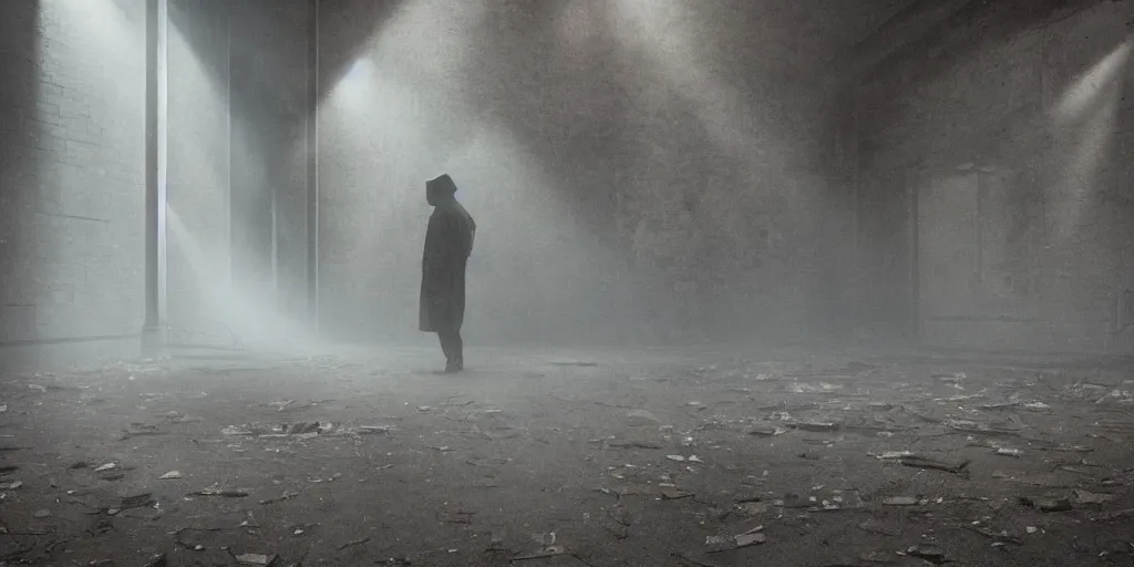 Prompt: a man in a rain coat, movie I know what you did last summer, standing in an abandoned school gymnasium, volumetric lighting, dark, scary movie