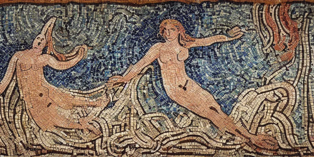 Prompt: ancient roman mosaic of beautiful gingerhead mermaid with long tail, dolphins, fishes, stylised, detailed, dynamic light