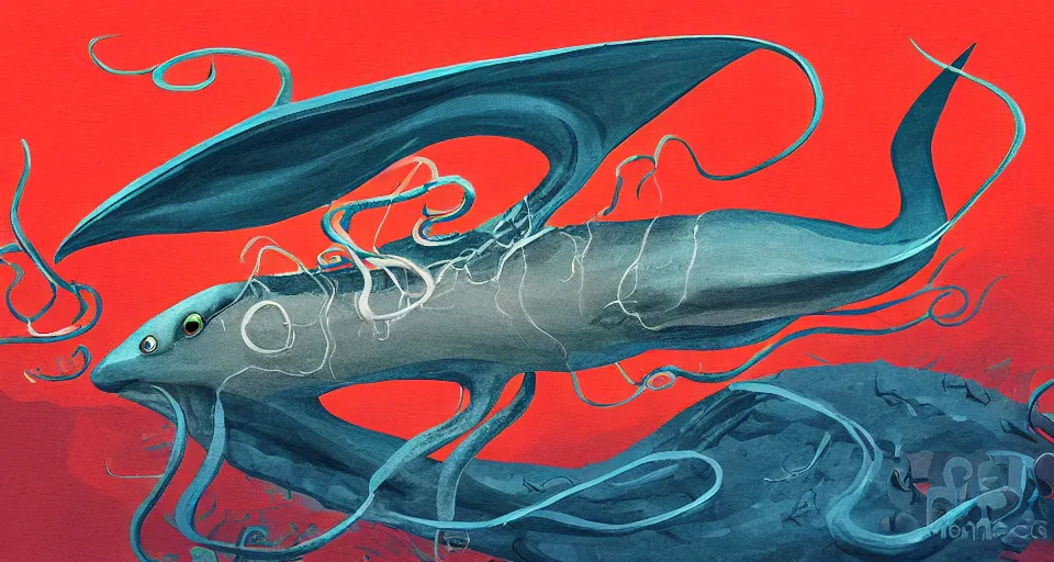 Image similar to Giant Squid wearing a top hat, swimming through the ocean, digital painting, Photoshop