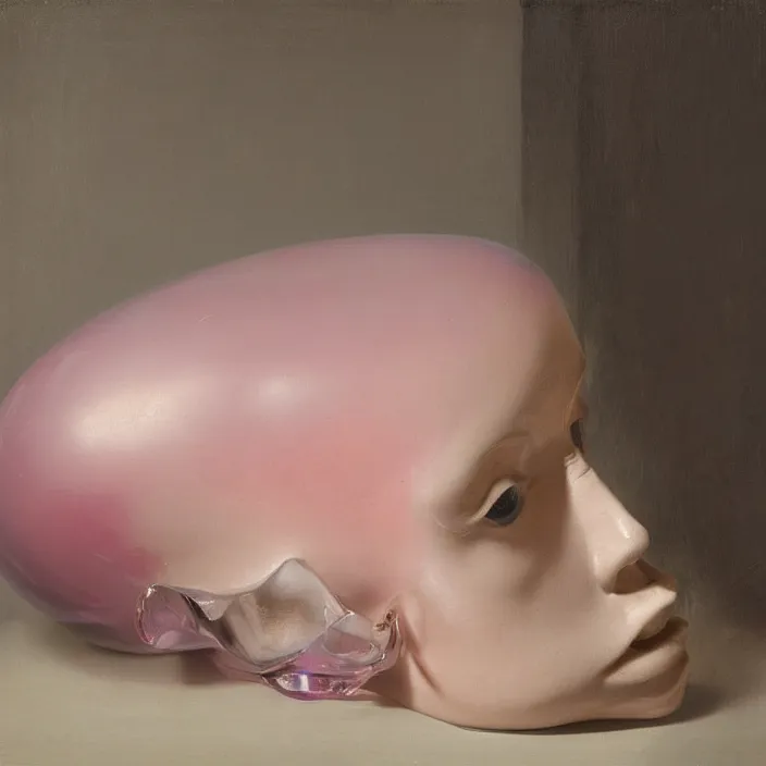 Prompt: still life painting of a melting pink glass mannequin head by pieter claesz, prisms, oil on canvas, strong lighting, highly detailed, hyper realism, golden hour, god rays, hd, 4 k