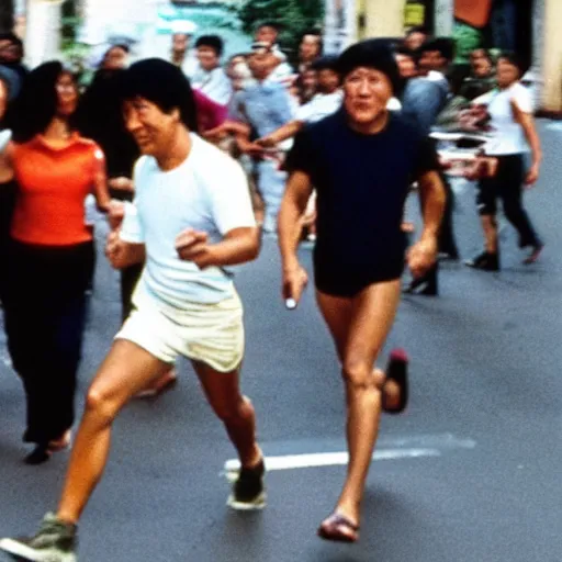 Image similar to jackie chan getting robbed in rio de janeiro running after the thief