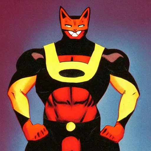 Image similar to catman, cat head, superhero body, rob liefeld