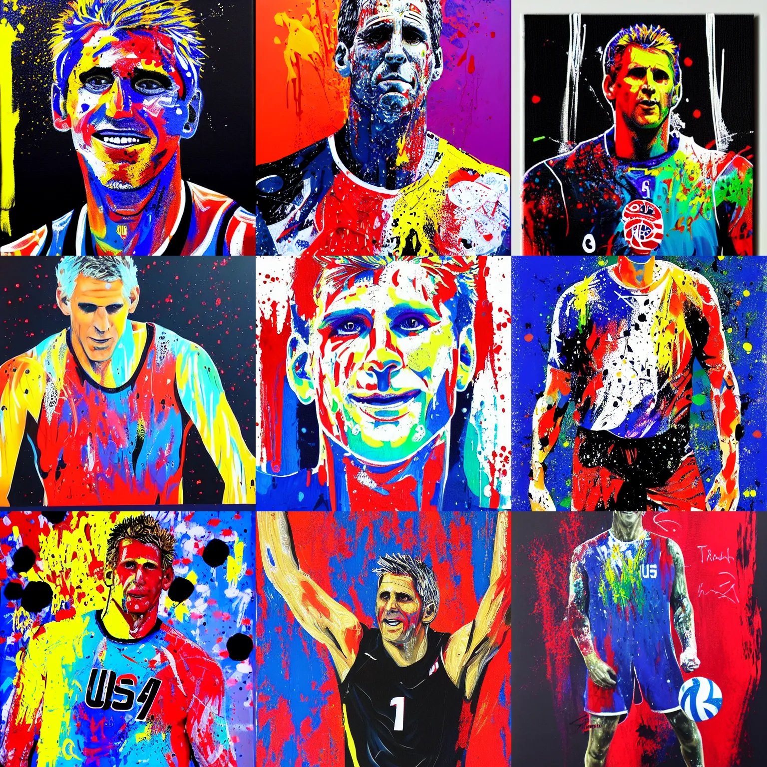 Prompt: karch kiraly, usa volleyball, full body portrait, acrylic paint on canvas by tracy levesque, black background, splattered vibrant paint, trending on artstation