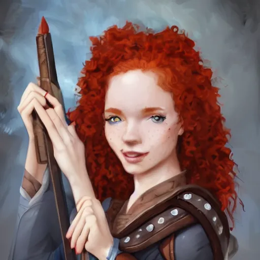 Prompt: a young woman with curly red hair, freckles, smart, portrait, shallan davar, blue eyes, smiling, thick hair, rpg, dnd, fantasy, artgerm style