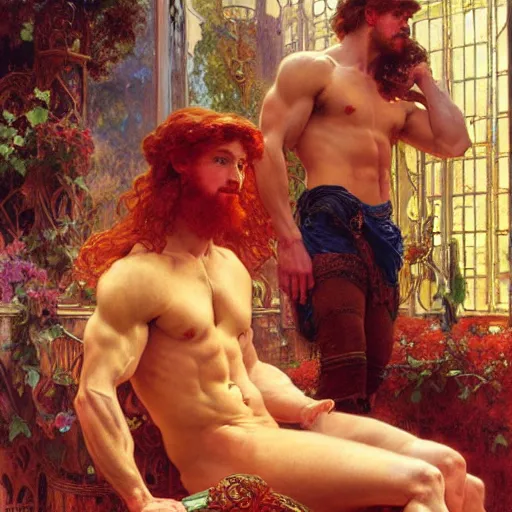 Image similar to attractive muscular mike with ginger hair with muscular attractive tyler with brunet hair, drinking their hearts out, in their noble mansion. highly detailed painting by gaston bussiere, craig mullins, j. c. leyendecker, alphonse mucha 8 k