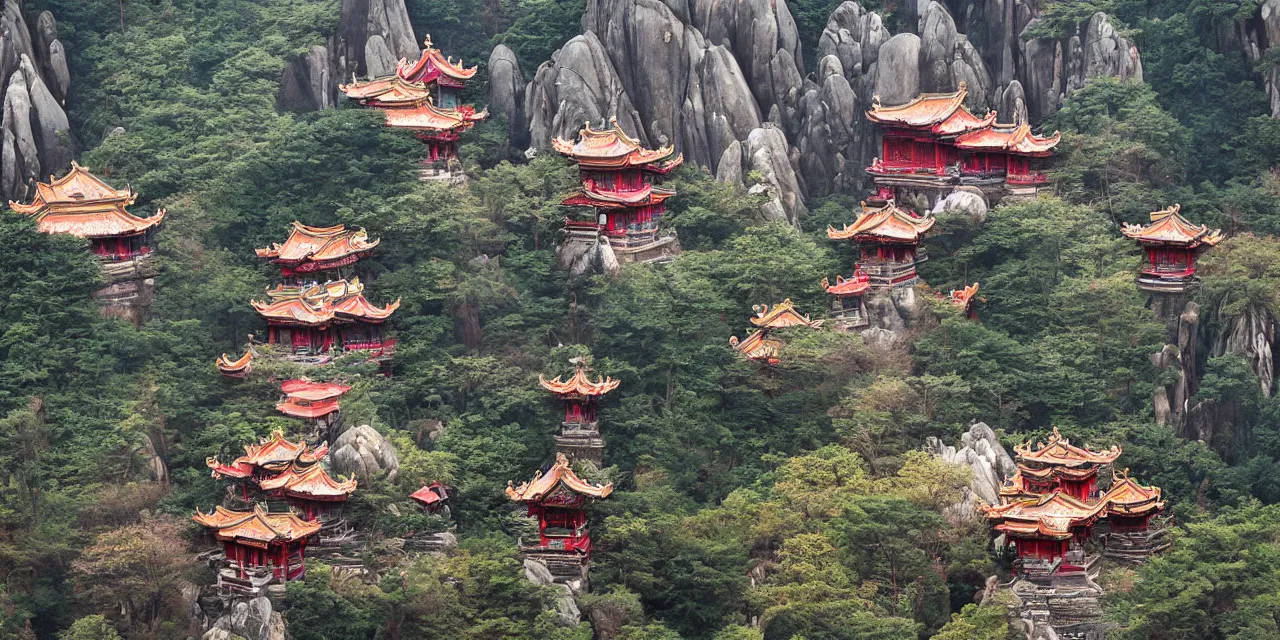 Image similar to taoist temples in huangshan, landscape by joos de momper