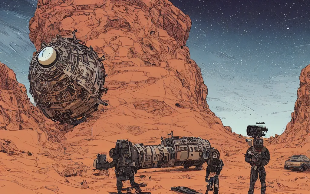 Prompt: very detailed, prophet graphic novel, ilya kuvshinov, mcbess, rutkowski, simon roy, illustration of a 2 5 tonne nuclear blast door on a desert planet, wide shot, colorful, deep shadows, astrophotography