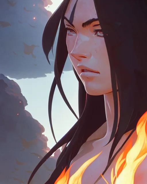 Image similar to azctec warrior, megan fox, detailed perfect face, exquisite details, fire magic, mid view, design on a white background, by studio muti, greg rutkowski makoto shinkai takashi takeuchi studio ghibli