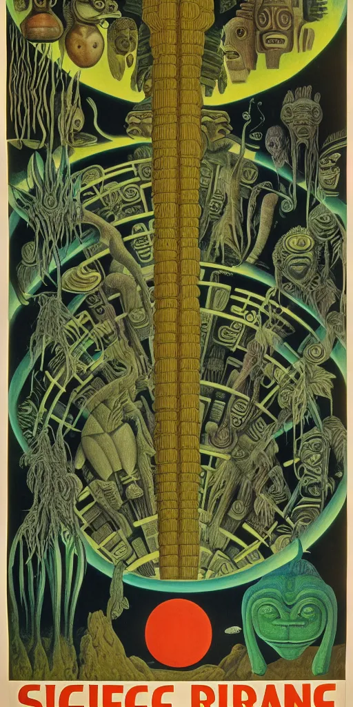 Prompt: 1968 science fiction movie poster, cut out, classic mayan mythology, break of dawn on Venus, epic theater, deep jungle creatures, aquatic plants, drawings in part by Diego Rivera, part by Ernst Haekl, text by William S Boroughs, written by Michael Ende