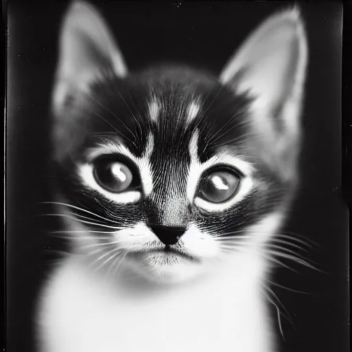 Image similar to a portrait photo of a cute kitten wearing a tuxedo by edward weston, auto graflex, 2 1 0 mm ƒ / 6 4 zeiss tessar, agfa isopan iso 2 5, pepper no. 3 5, 1 9 3 0, high quality photo, highly detailed, studio lighting, fine - art photography, tack sharp