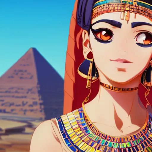 Prompt: portrait of a beautiful Egyptian girl wearing ancient Egyptian fashion, desert background, rich vivid colors, ambient lighting, dynamic lighting, 4k, official media, anime key visual, makoto shinkai, ilya kuvshinov, lois van baarle, rossdraws, detailed, trending on artstation