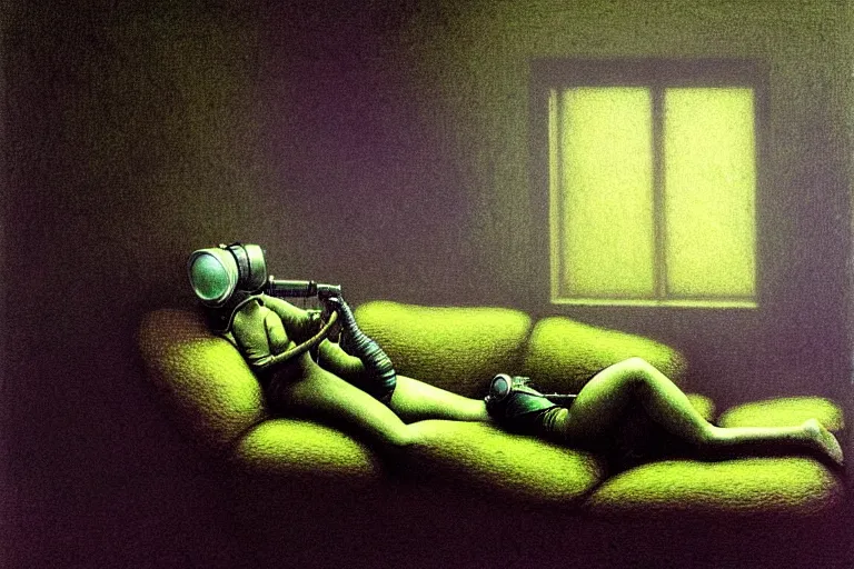 Image similar to girl with wearing a gas mask lying on the sofa reading a book in her room, in the style of beksinski, peaceful, calm, atmospheric, intricate and epic composition, green by caravaggio, insanely quality, highly detailed, masterpiece, purple light, artstation, 4 k