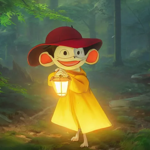 Image similar to concept art painting of an anthropomorphic luffy chipmunk wearing a yellow cloak, holding a lantern, in the deep forest, realistic, detailed, cel shaded, in the style of makoto shinkai and greg rutkowski and james gurney