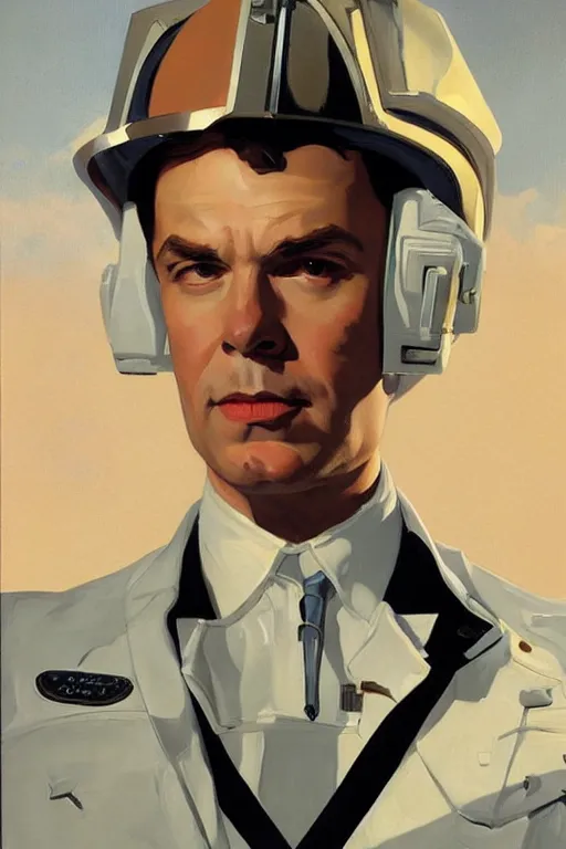 Image similar to rich evans space cop painting by jc leyendecker!! phil hale!, angular, brush strokes, painterly, vintage, crisp