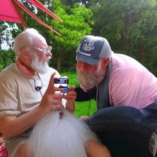 Prompt: cute cartoon character, beard grandpa taking a photo to a baby girl