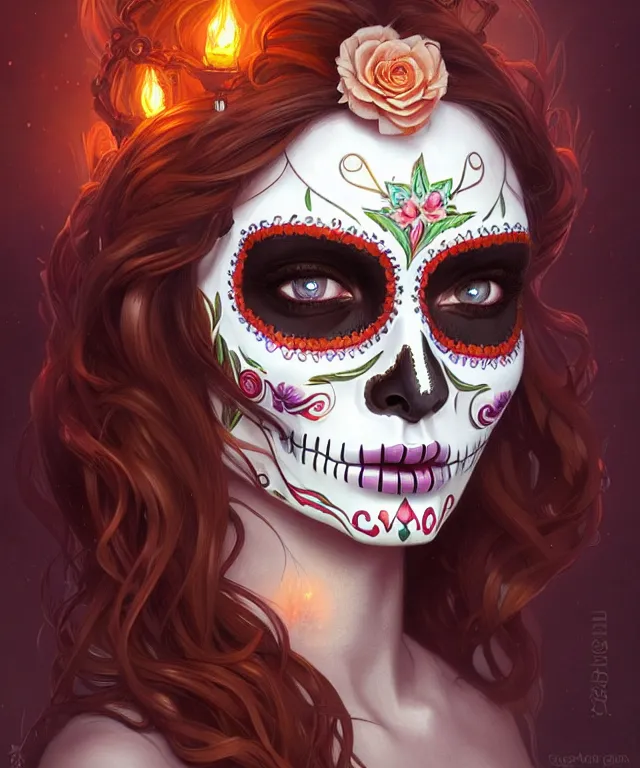 Image similar to sugar skull day of the dead girl, amber eyes, face, long hair, fantasy, intricate, elegant, highly detailed, digital painting, artstation, concept art, smooth, sharp focus, illustration, art by artgerm and greg rutkowski and alphonse mucha