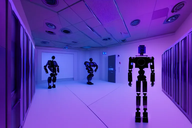 Image similar to humanoid robot in a server room, purple and blue color scheme, dan mumford, inception, blade runner, the fifth element, fisheye, volumetric octane render, by ruan jia and ross tran, malevich