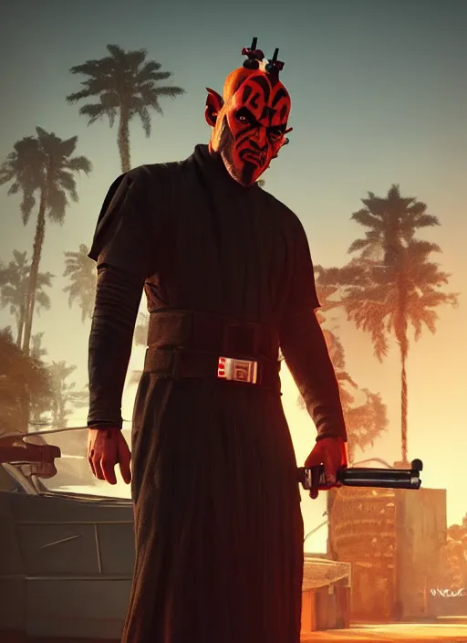 Prompt: highly detailed poster of darth maul with yellow eyes in gta v, unreal engine, fantasy art by greg rutkowski, global illumination, radiant light