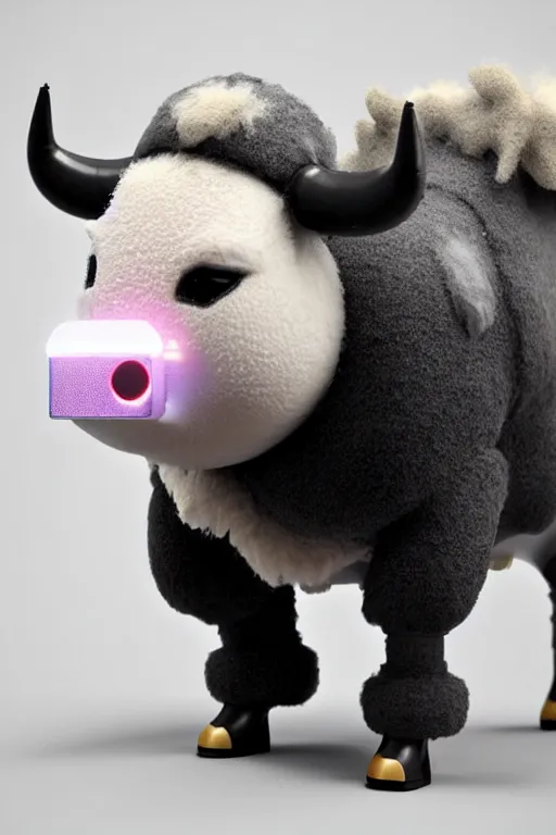 Image similar to high quality 3 d render very cute fluffy! cyborg cow plays guitar, highly detailed, unreal engine cinematic smooth, in the style of blade runner & detective pikachu, hannah yata charlie immer, moody light, low angle, uhd 8 k, sharp focus