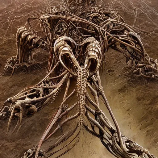Prompt: organic cyborg alien skeleton style of peter gric Lovecraftian alien centipede dark celestial