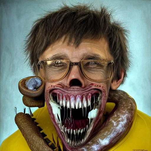 Prompt: dentist portrait of a dentist with large, giant teeth, rotten teeth, yellow, broken, cavities, moldy by Mark Brooks and WLOP