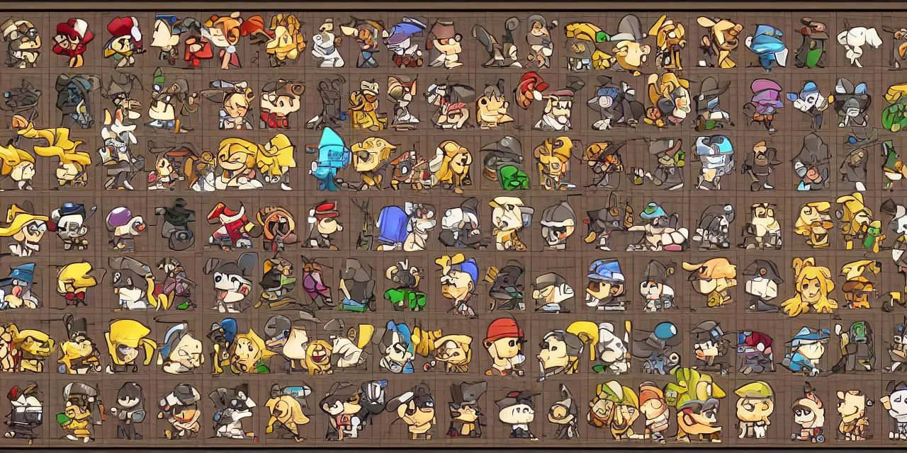 Prompt: item selection screen, grid, 2 d sprite, art deco era gangsters, chibi animals, chibi pirates