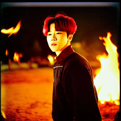 Prompt: photo of bts jimin, facing the camera, kodak ektachrome, portrait, close up, kodak gold 2 0 0, 5 0 mm, fuji 8 0 0, polaroid, night time, bonfire, low light