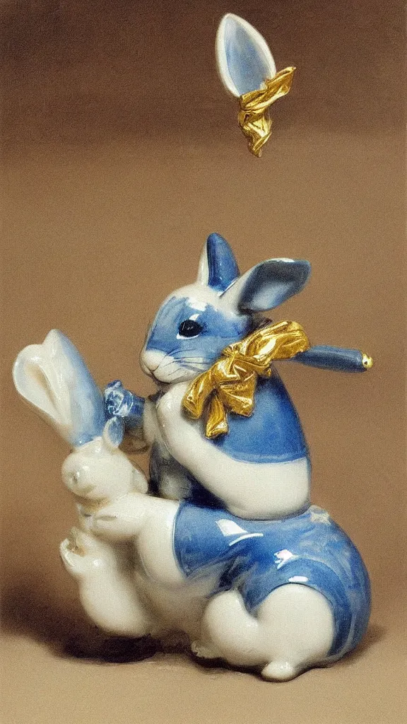 Prompt: a porcelain blue rabbit with a golden details have a japanese pipe painted by john singer sargent