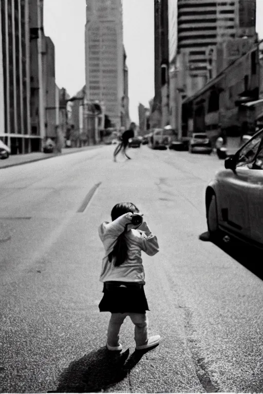 Prompt: polaroid photo of sad and lonely child in the middle of an empty street in a big city, tecnica collodio umido, photorealistic, 35mm film, lens 85mm, f2.8, black and white, polaroid, view camera.