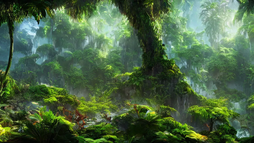 Image similar to tropical forest, fantasy artwork, very very very beautiful scenery, hd, hdr, ue5, ue6, unreal engine 5, cinematic 4k wallpaper, 8k, ultra detailed, high resolution, artstation, award winning