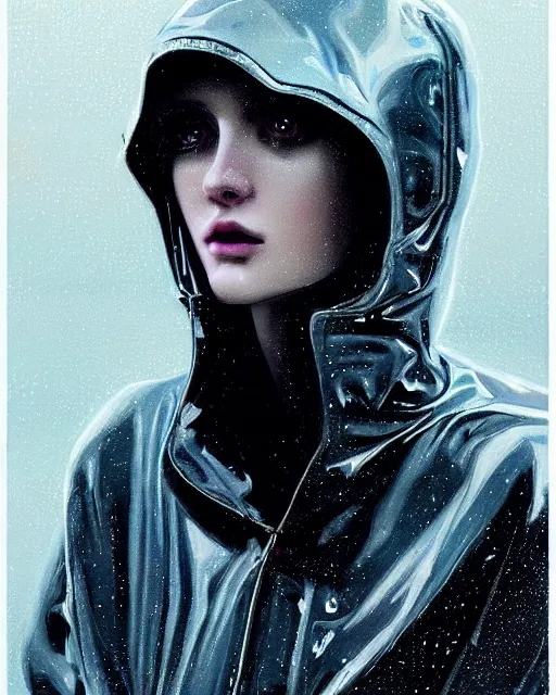 Image similar to detailed portrait kodak portra 800; grainy film European Pretty Young Girl Storm Rain bladerunner movie Reflective jacket coat, Futuristic sci-fi fashion, royal attire by ismail inceoglu dragan bibin hans thoma greg rutkowski Alexandros Pyromallis Nekro Rene Margitte illustrated Perfect face, fine details, realistic shaded, fine-face, pretty face