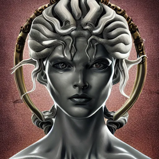 Image similar to medusa, highly detailed, symmetrical long head, smooth marble surfaces, detailed ink illustration, raiden metal gear, cinematic smooth stone, deep aesthetic, concept art, post process, 4k, carved marble texture and silk cloth, latex skin, highly ornate intricate details, in the style of frank miller