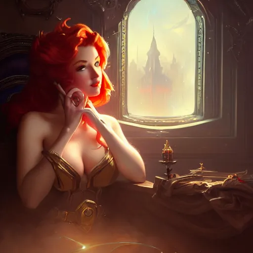 Prompt: of Miss Fortune from League of Legends, dark fantasy, medium shot, intricate, ornate, elegant, highly detailed, digital painting, volumetric light, artstation, concept art, smooth, sharp focus, illustration, art by Gil elvgren and charlie bowater and greg rutkowski and alphonse mucha