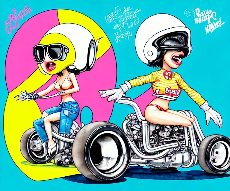 Image similar to cute and funny, lady gaga wearing a helmet riding in a tiny hot rod with an oversized engine, ratfink style by ed roth, centered award winning watercolor pen illustration, isometric illustration by chihiro iwasaki, edited by range murata, tiny details by artgerm and watercolor girl, symmetrically isometrically centered, sharply focused