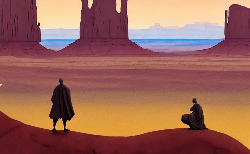 Prompt: a hyperrealist watercolor concept art of a what the fuck on the horizon of monument valley. a medieval monk in grey robes is in the foreground. golden hour. very muted colors, by rebecca guay, michael kaluta, charles vess. high detail, hq, wide shot, 4 k