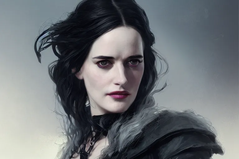 Prompt: A portrait of Eva Green as Yennefer from the Witcher 3 Game by Ruan Jia and Mandy Jurgens and Artgerm and william-adolphe bouguerea, highly detailed, trending on artstation, award winning, H 768
