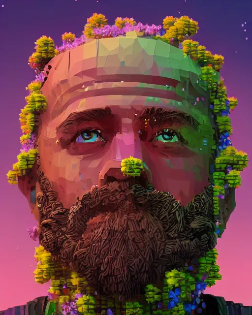 Image similar to a realistic ultradetailed digital painting of a man with flowers in his beard, profile, cyberpunk art by beeple, behance contest winner, retrofuturism, voxel art, # pixelart, dystopian art