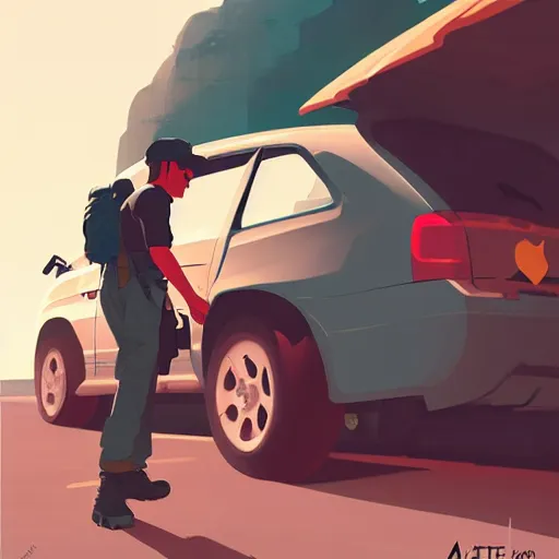 Image similar to hiker unloading the car before camping, by atey ghailan, cgsociety, fantasy art, 2 d game art